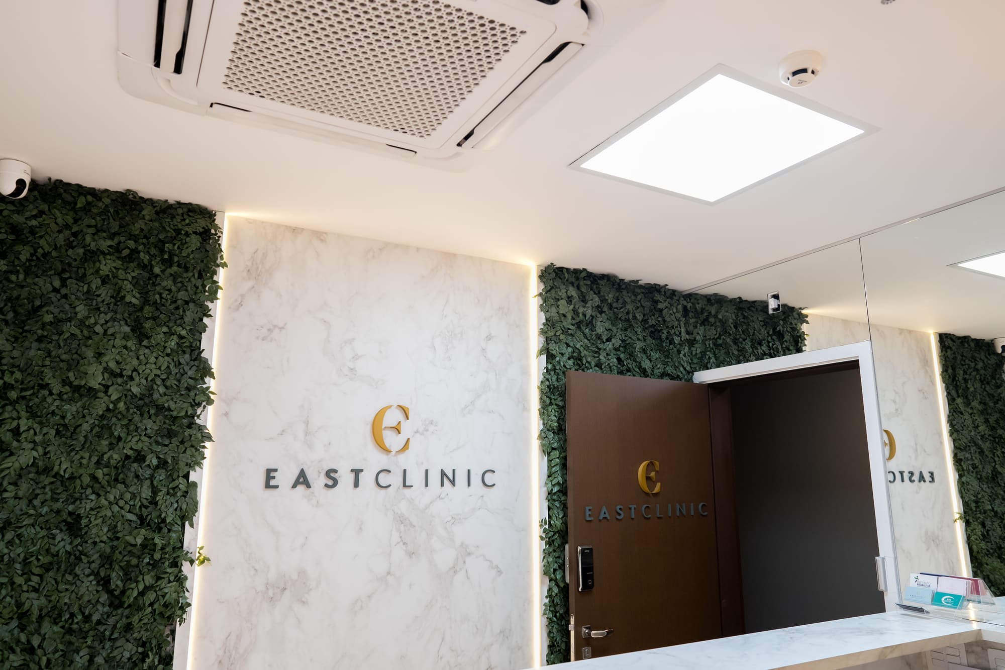 Recepção de clínica com parede de mármore branco iluminada por LED embutido, painel de folhagem verde artificial, logotipo dourado da clínica em letras maiúsculas, porta de madeira escura com fechadura eletrônica, ambiente clean e sofisticado, fotografia de interiores ultra-realista